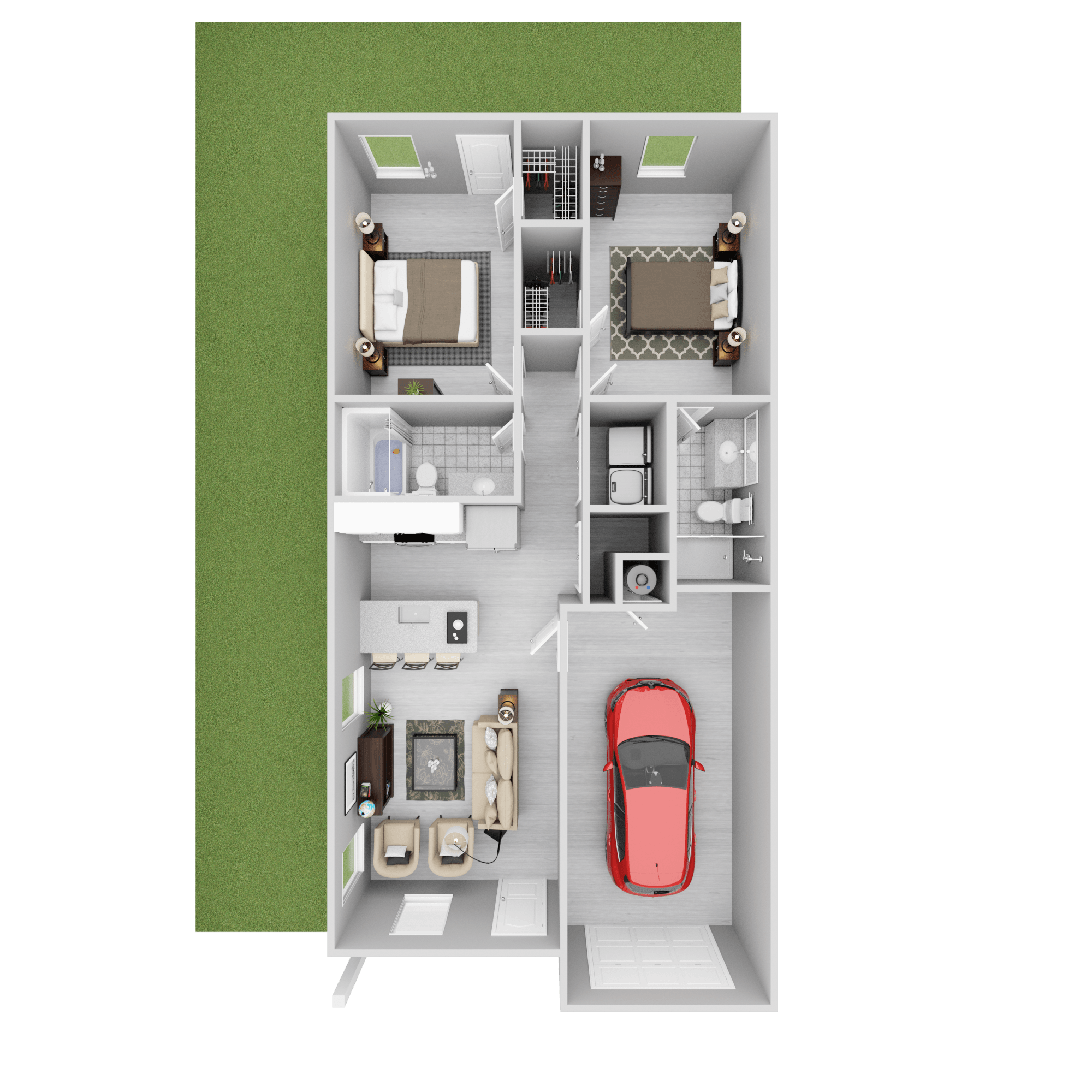 A red car is parked in the garage of a two-story house.